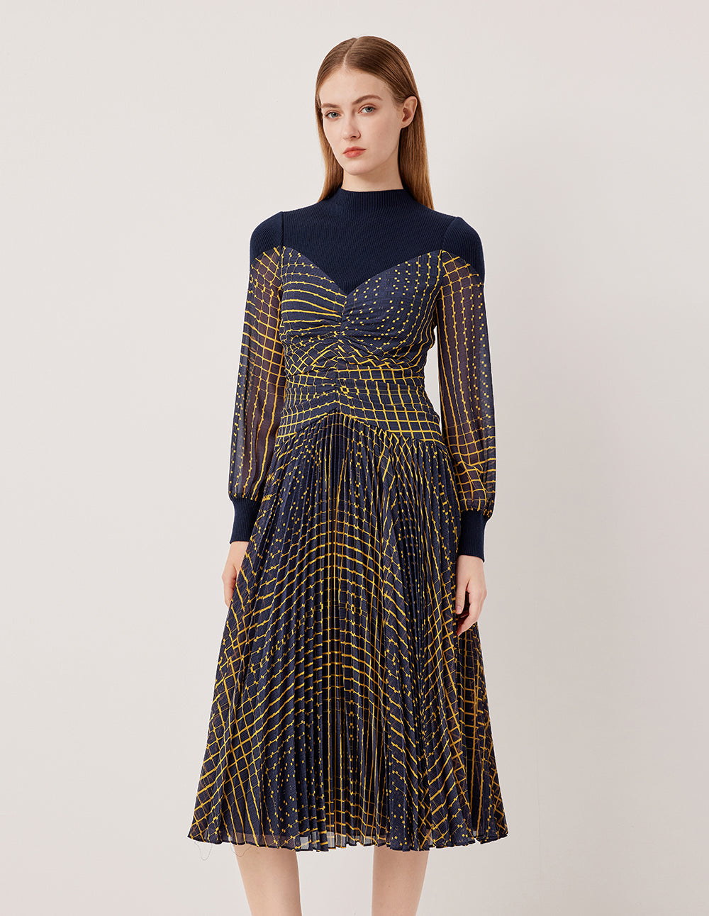 MARYLING Round Neck Knit Patchwork Plaid Pleated Midi Dress