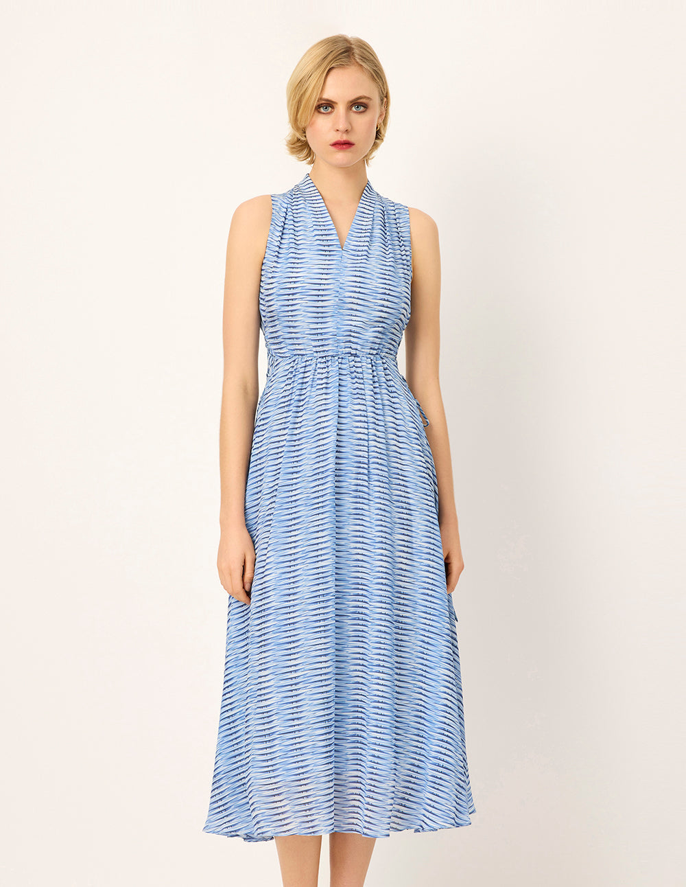 MARYLING V-Neck Belted Sleeveless Striped Pleated Midi Dress