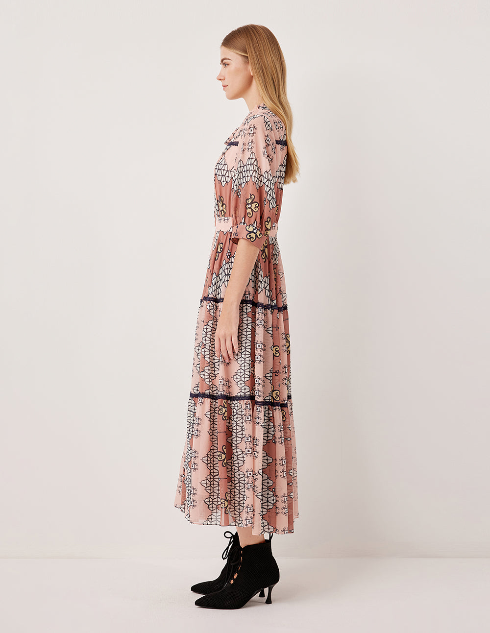 MARYLING Ruffled V-Neck Short-Sleeve Empire-Waist  Geometric Print Pleated Midi Dress