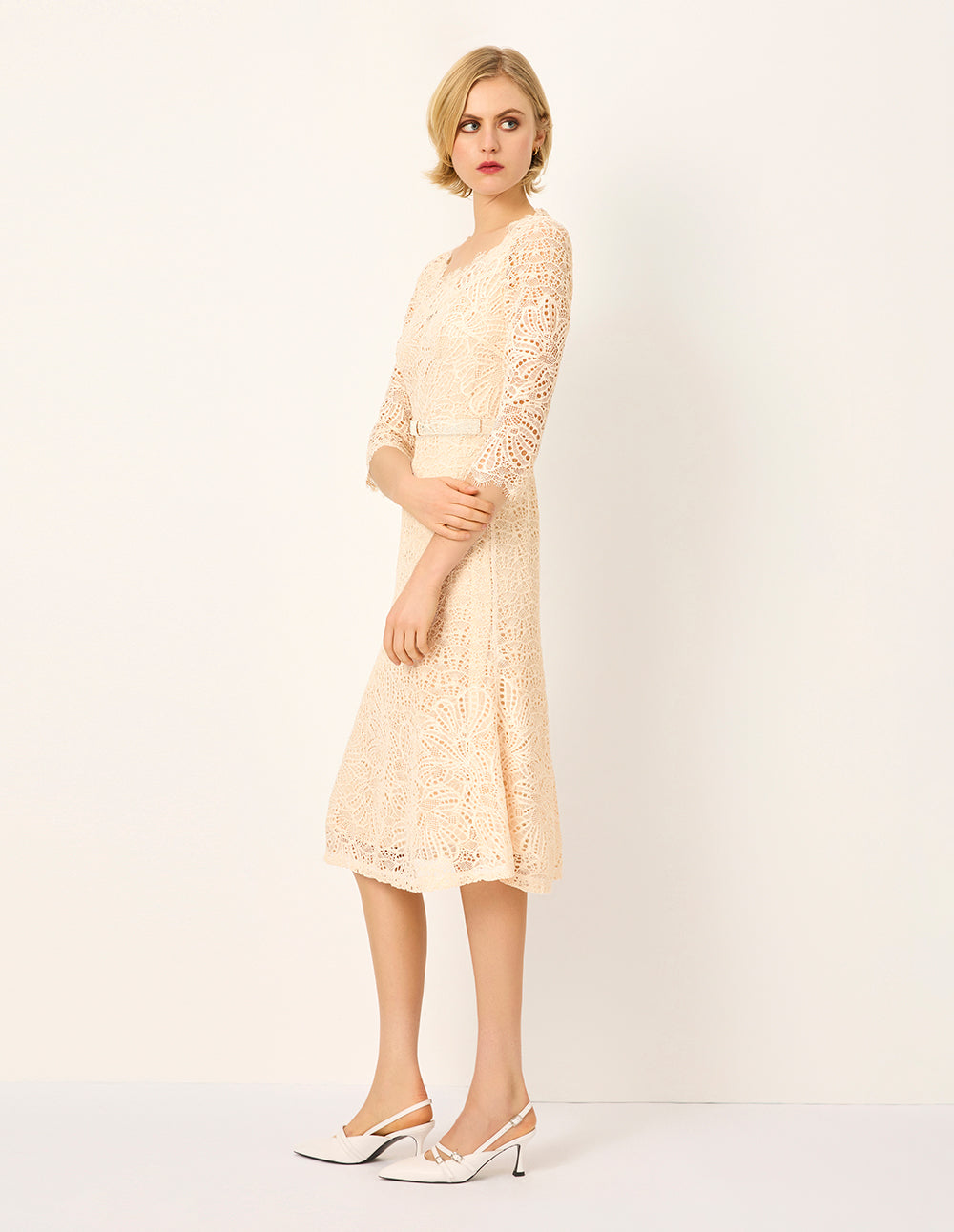 MARYLING Square-Neck 1/2 Sleeve Empire-Waist Fishtail Lace Dress