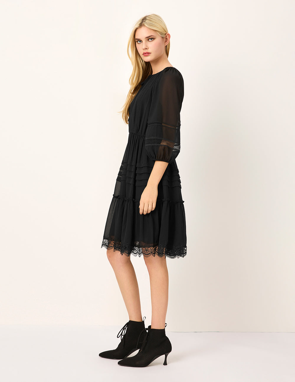 MARYLING Tie V-Neck Sheer Puff Long-Sleeves Empire-Waist Lace-Trim Flounce Silk Midi Dress
