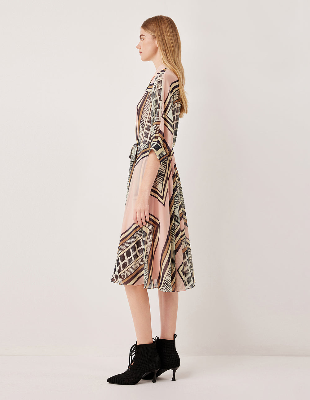 MARYLING Collared Long Sleeve Belted Geometric Print Pleated Midi Shirt Dress