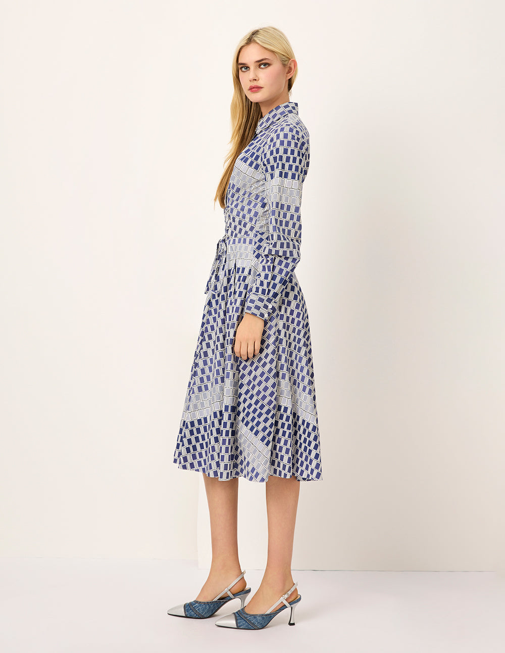 MARYLING Check-patchwork Plaid Tie-Waist Pleated Midi Shirt Dress