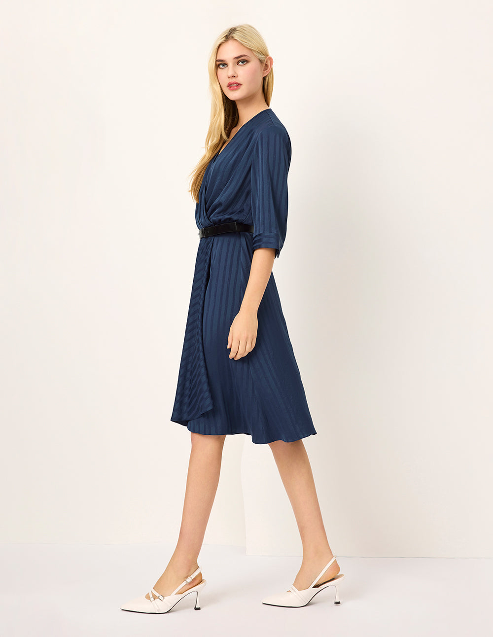 MARYLING V-Neck Short-Sleeve Striped Pleated Midi Wrap Dress