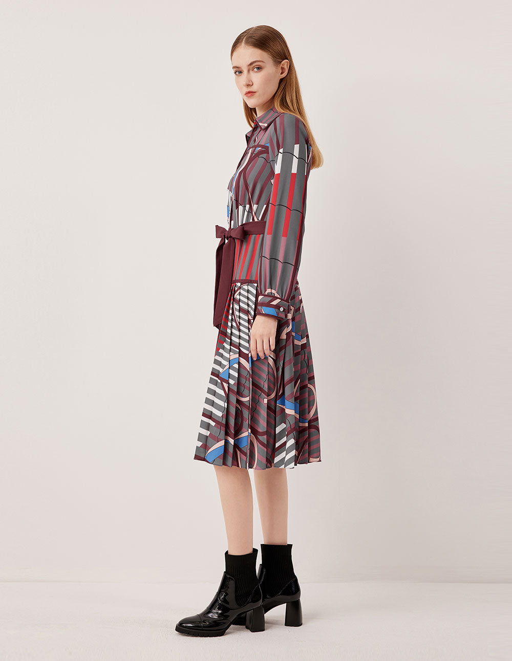 MARYLING Collared Pink-Purple Contrast Abstract Stripe Belted Long Shirt Dress