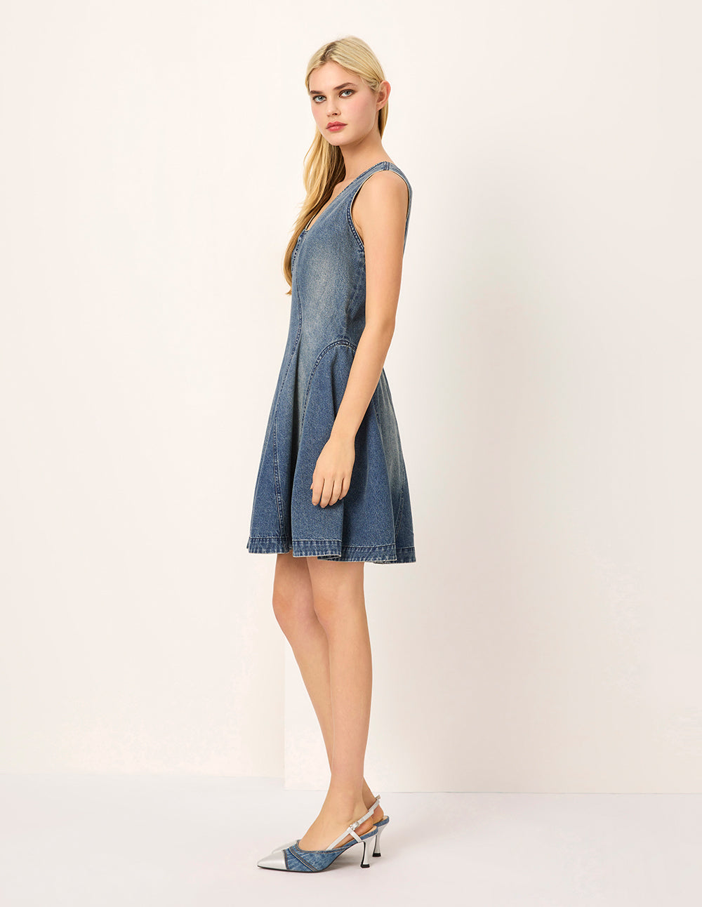MARYLING V-Neck Sleeveless A-Line Denim Midi Dress