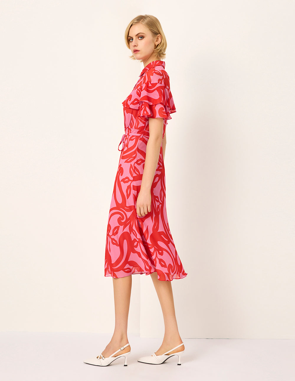 MARYLING Lapel Ruffle Short-Sleeve Floral Print Shirt Midi Dress