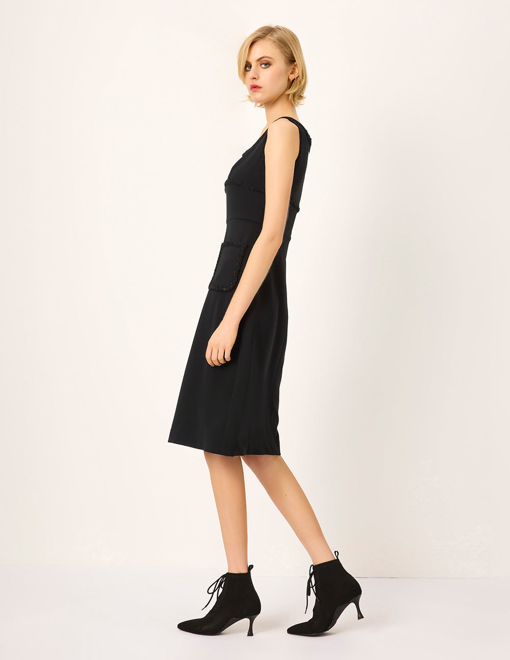 MARYLING Square Neck Sleeveless Tweed-Trim Midi Shift Dress