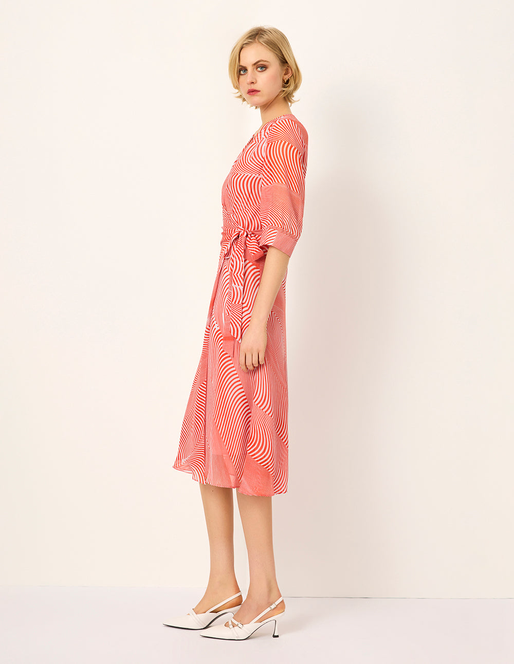 MARYLING V-Neck Half-Sleeve Striped-Print Midi Wrap Dress