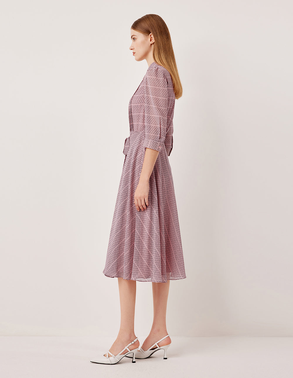 MARYLING Lapel Puff Long-Sleeve Pin Tuck Plaid with Tie Belt Pleated Midi Shirt Dress