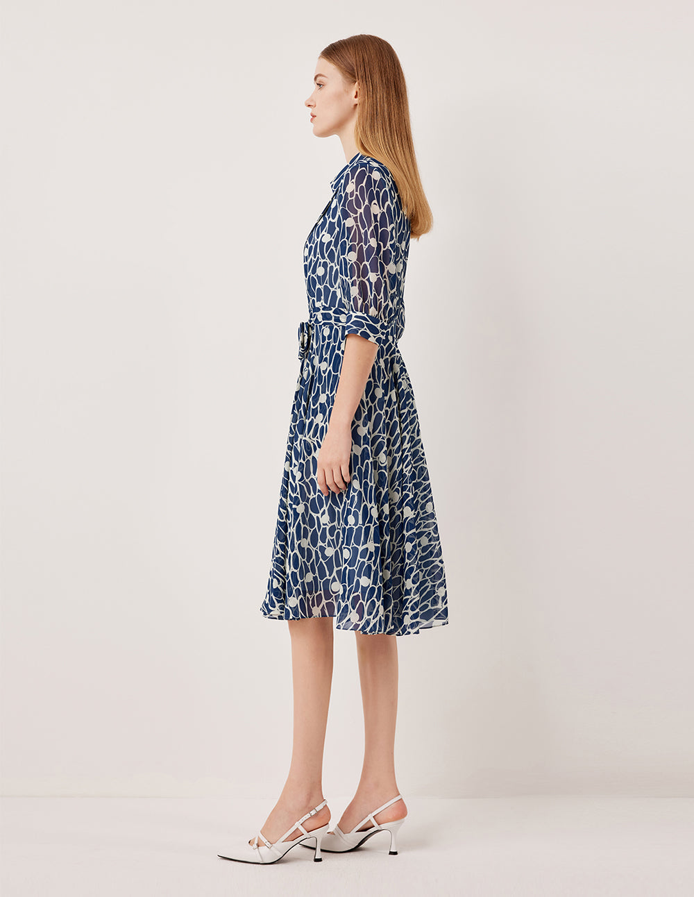 MARYLING V-Neck Puff Sleeve Pin Tuck Glass-Bead Print Shirt Dress