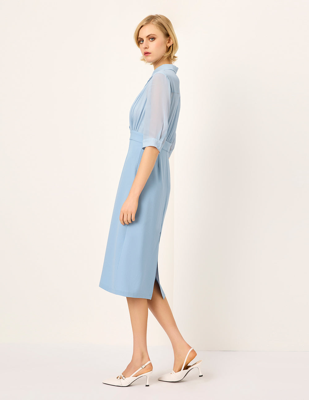 MARYLING Lapel Pleated Empire-Waist Midi Shirt Dress