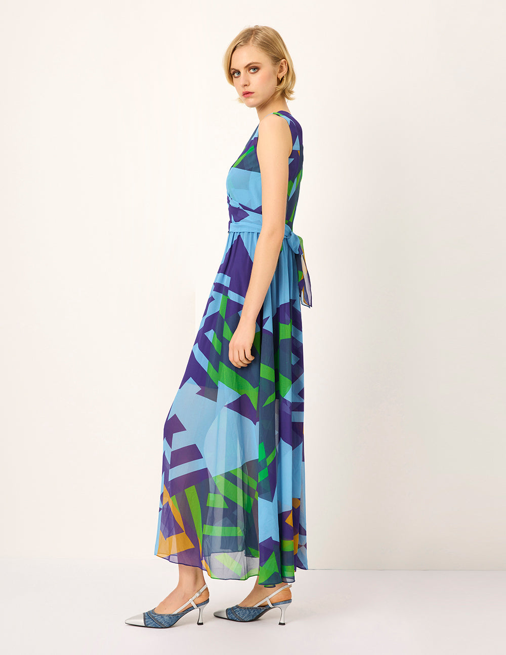 MARYLING V-Neck Sleeveless Blue Green Patchwork Floral Pleated Midi Dress