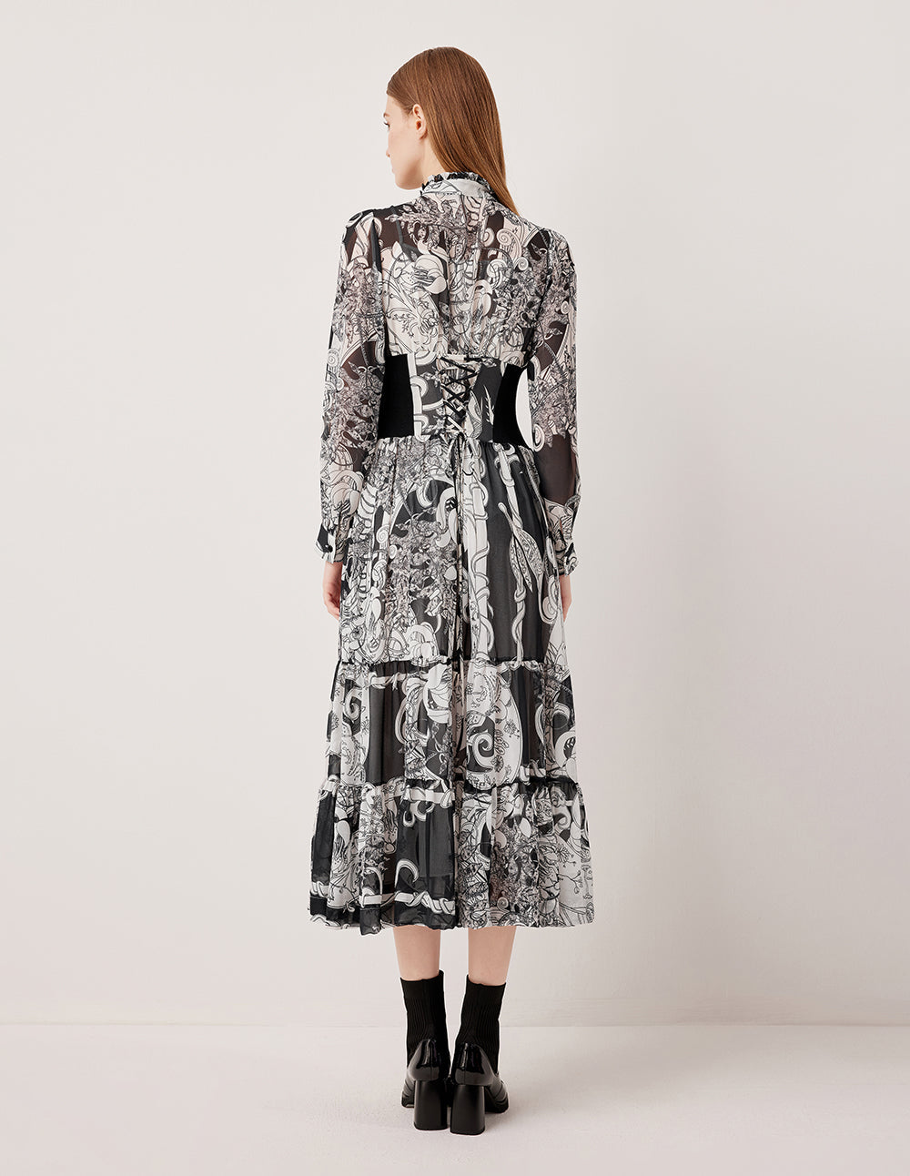 MARYLING Semi-High Neck Ruffle Paisley Print Pleated Midi Dress