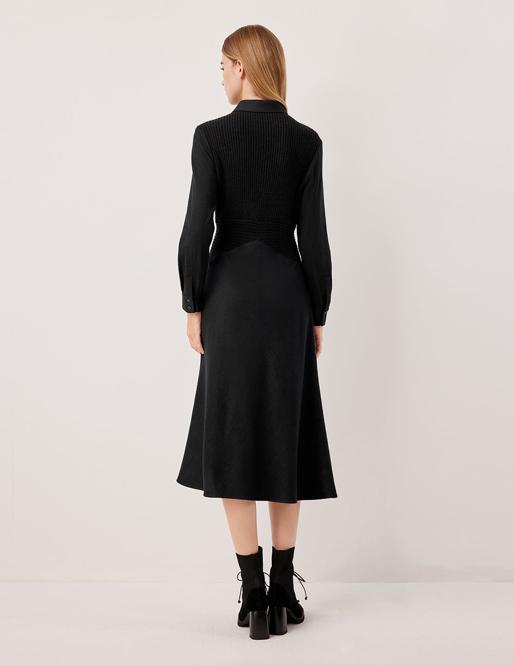 MARYLING Collar Pleated Shirt Dress Patchwork Knit Vest