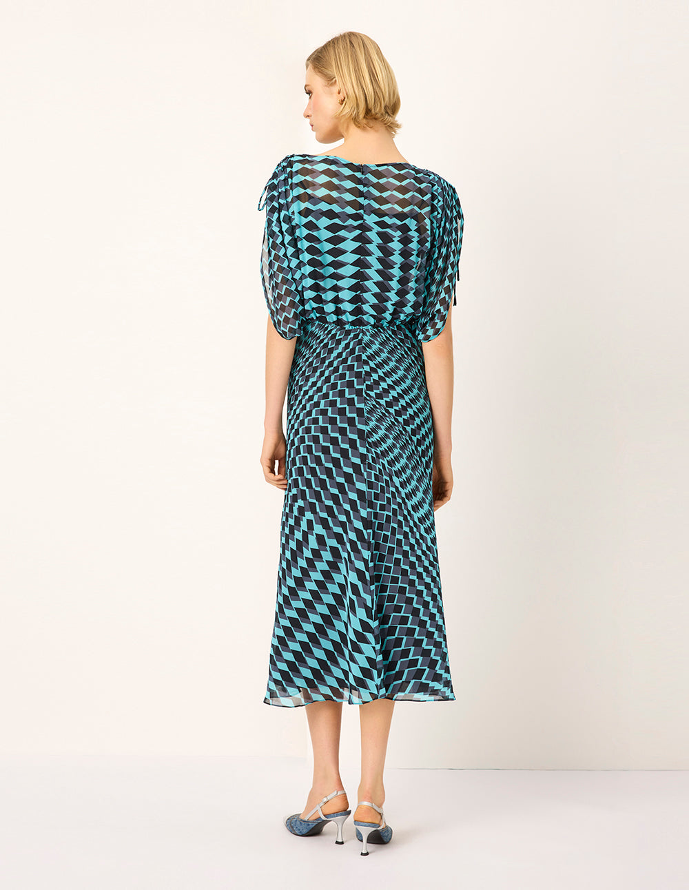 MARYLING Round Neck Short-Sleeve Geometric Print Empire-Waist Midi Dress