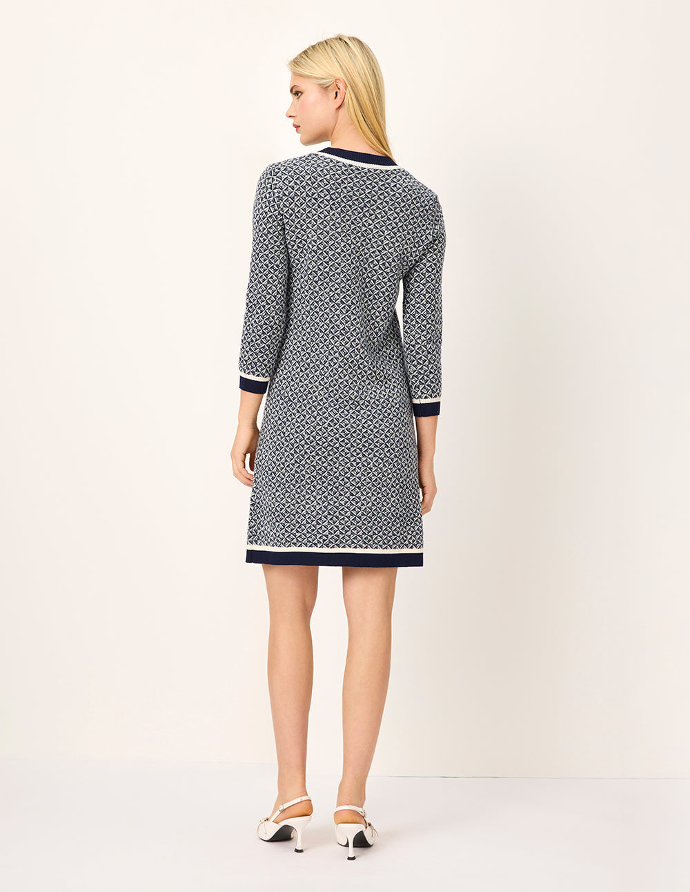 MARYLING Blue & White Trimmed Wool Knit Midi Shift Dress