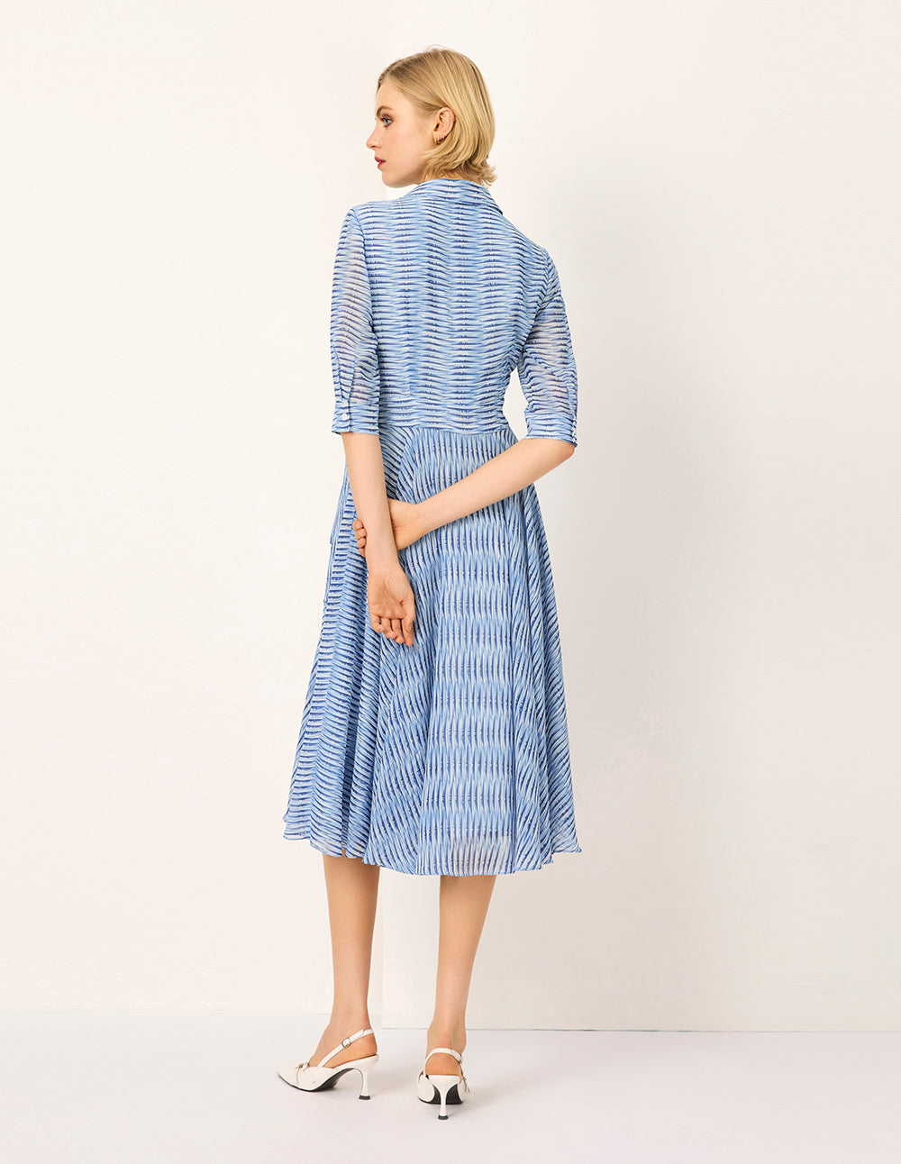 MARYLING Lapel Stripe Print Empire-Waist Pleated Midi Wrap Dress