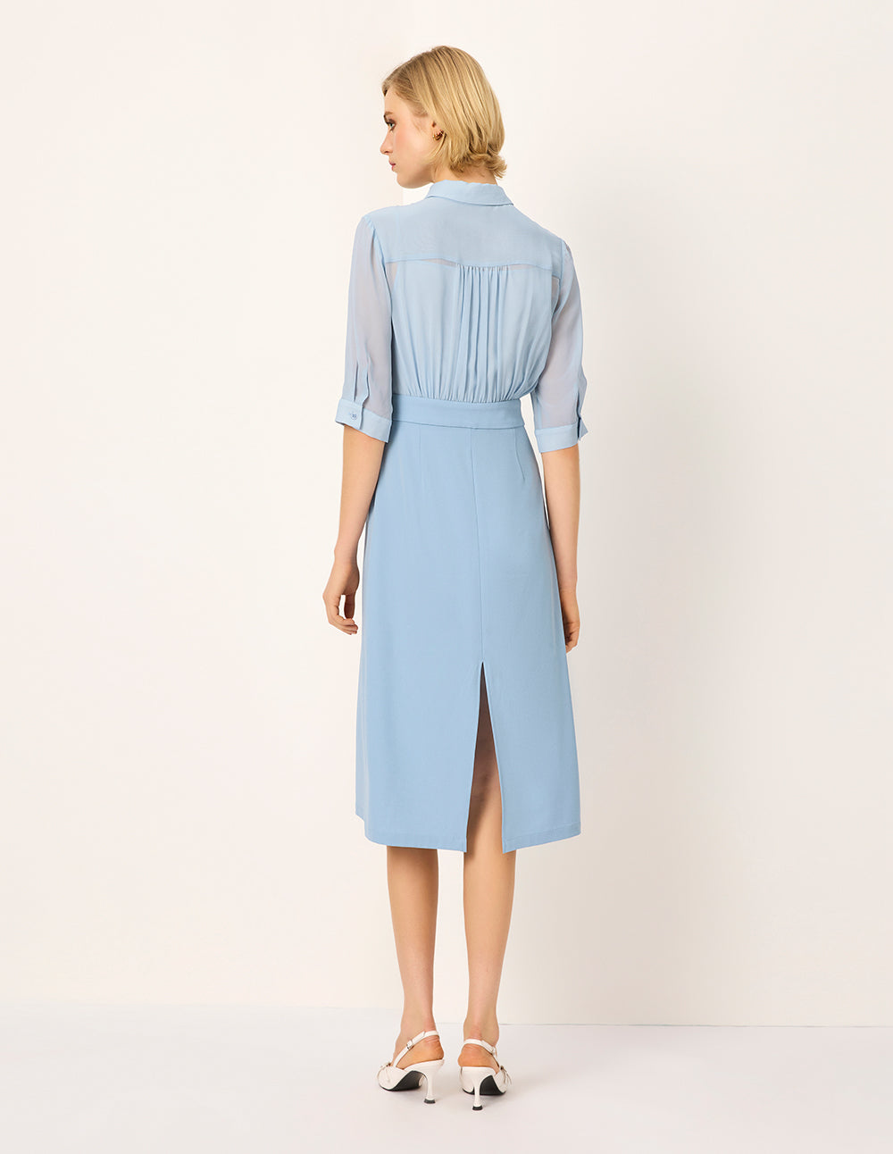 MARYLING Lapel Pleated Empire-Waist Midi Shirt Dress
