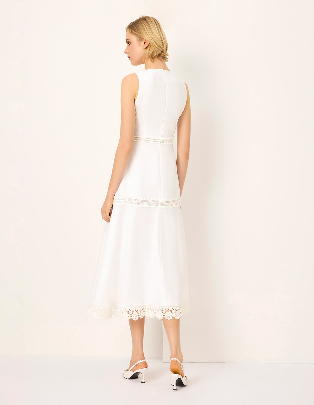 MARYLING Round Neck Sleeveless Empire-Waist Lace Ruffle-Trim Midi Dress