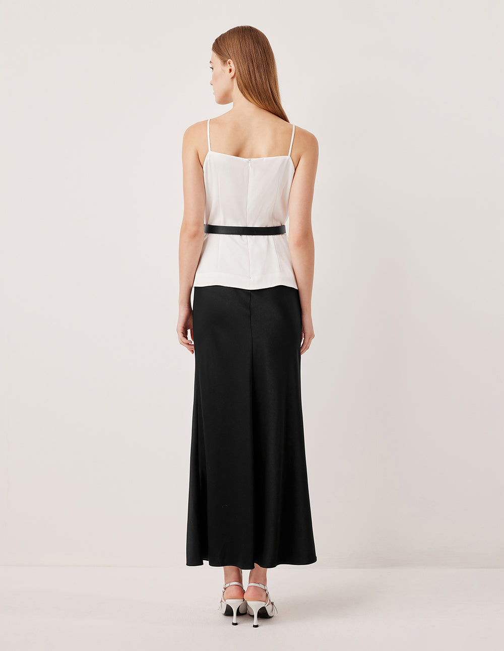 MARYLING Sleeveless Black White Color-Block Pleated Satin Slip Dress