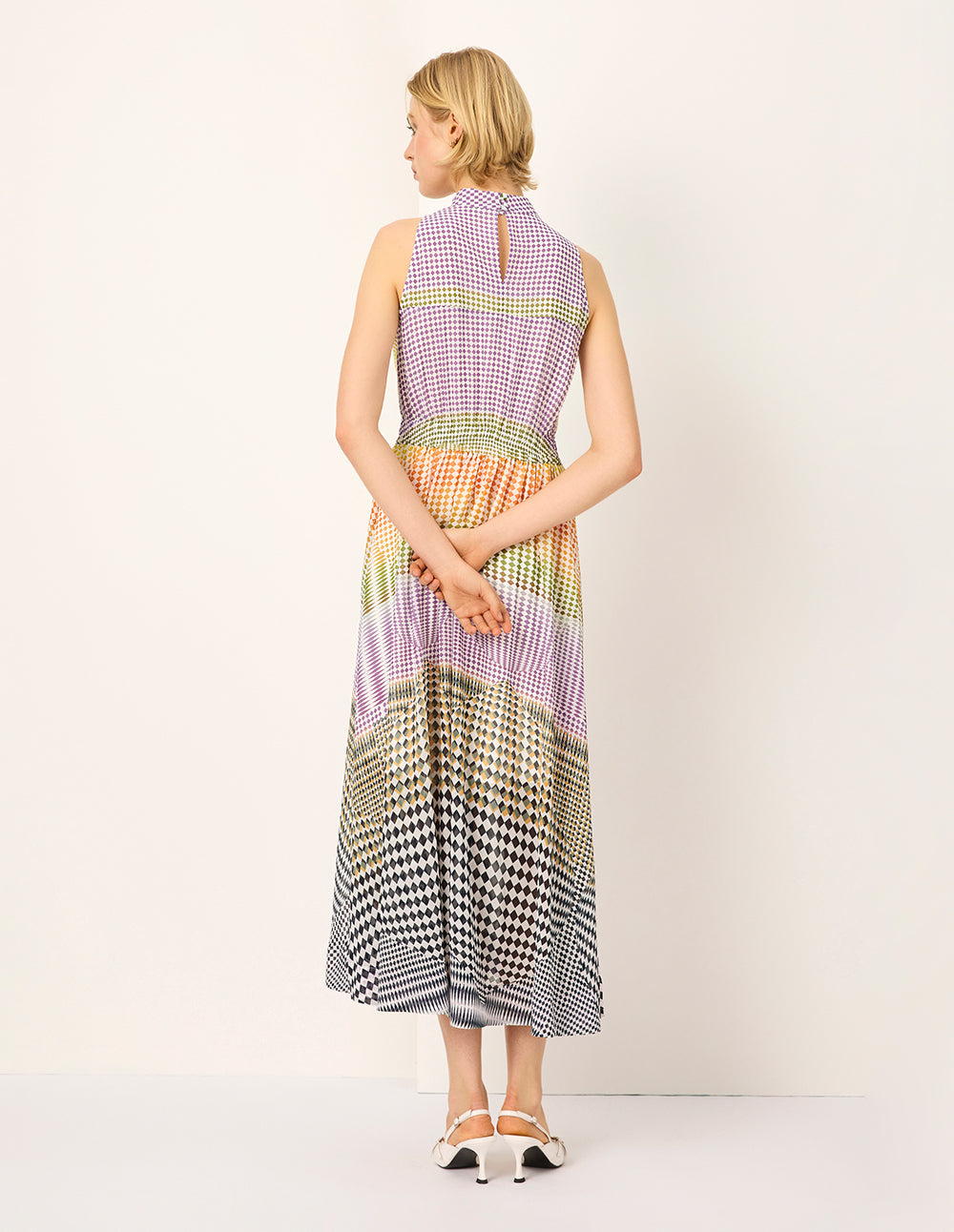 MARYLING Rhombus Print Sleeveless Empired Midi Silk Dress