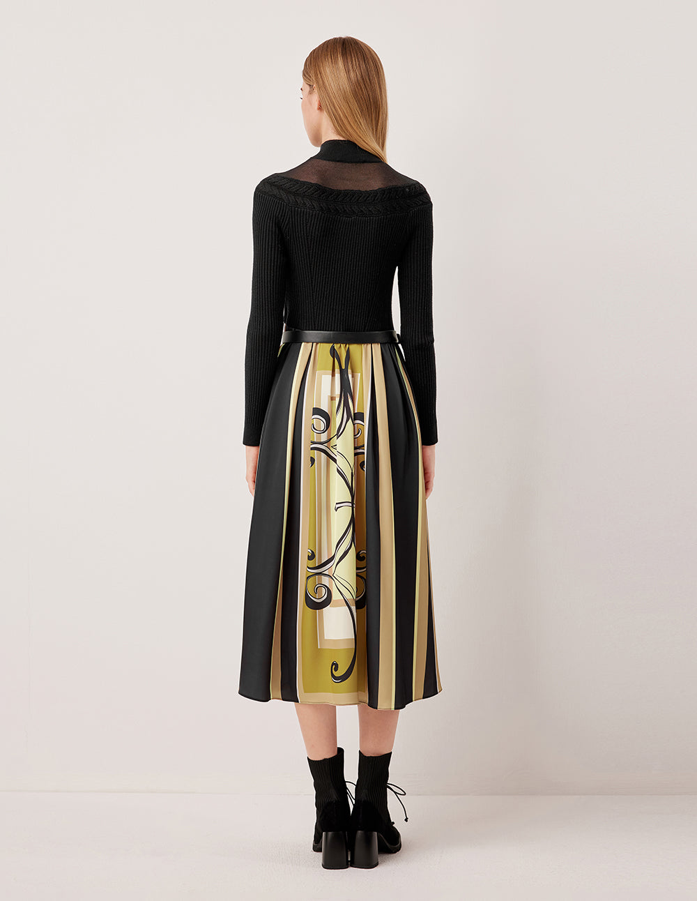 MARYLING Semi-High Neck Long Sleeve Knit Patchwork Print Midi Dress