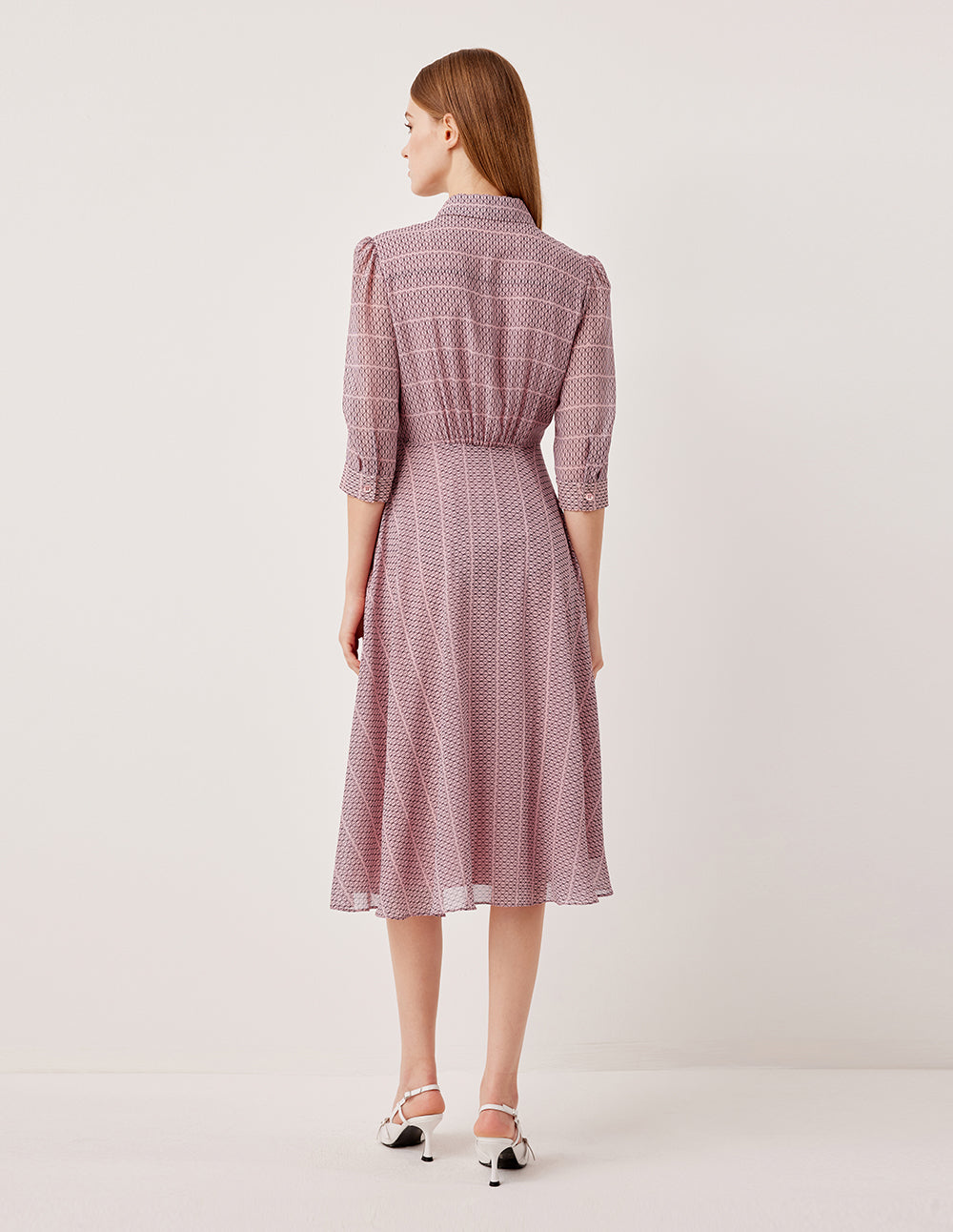 MARYLING Lapel Puff Long-Sleeve Pin Tuck Plaid with Tie Belt Pleated Midi Shirt Dress