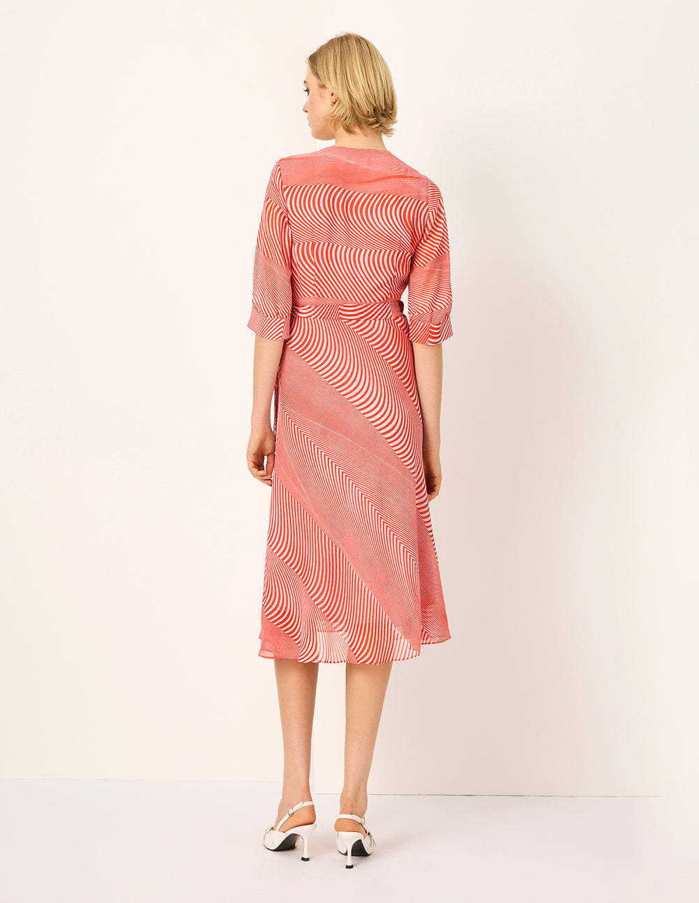 MARYLING V-Neck Half-Sleeve Striped-Print Midi Wrap Dress