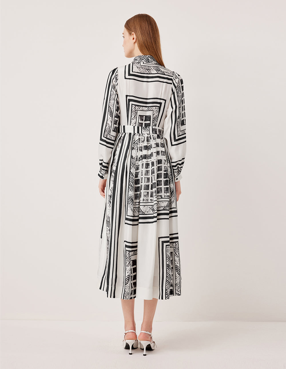 MARYLING Bubble Long Sleeve Black & White Printed Midi Shirt Dress