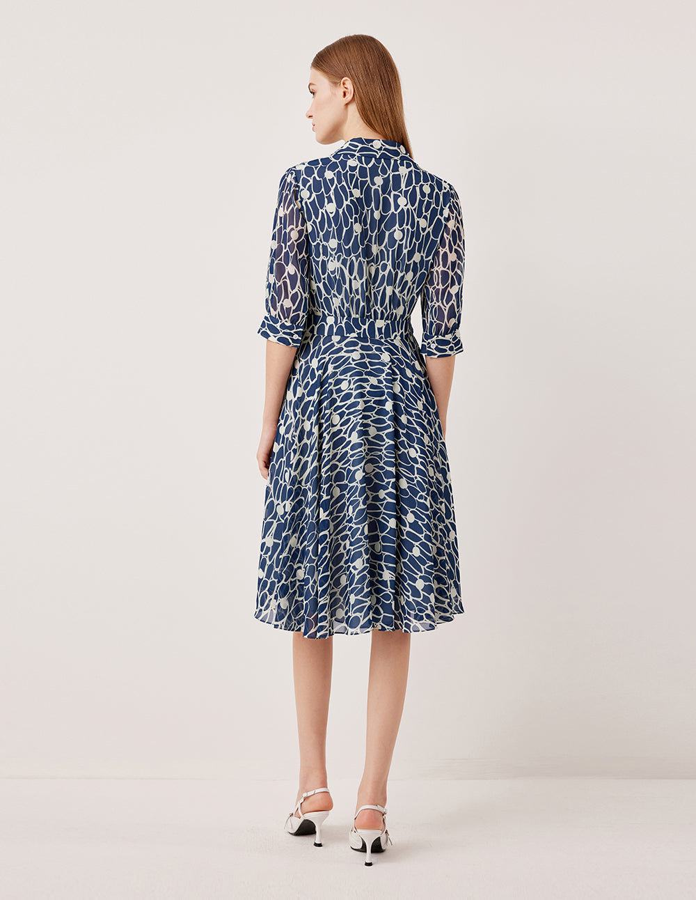 MARYLING V-Neck Puff Sleeve Pin Tuck Glass-Bead Print Shirt Dress