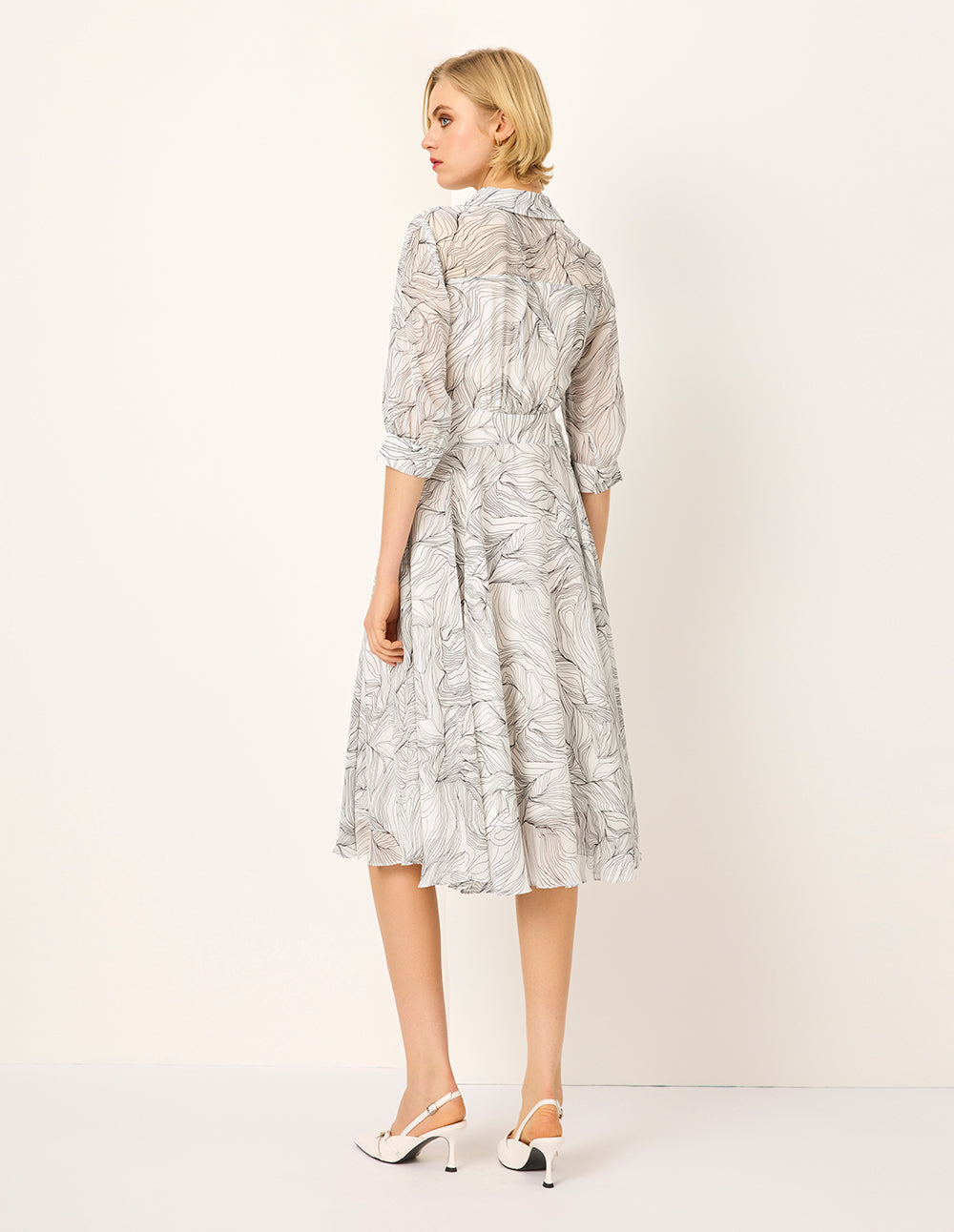 MARYLING Tie-up Lapel Black Stripe Printed Pleated Midi Dress