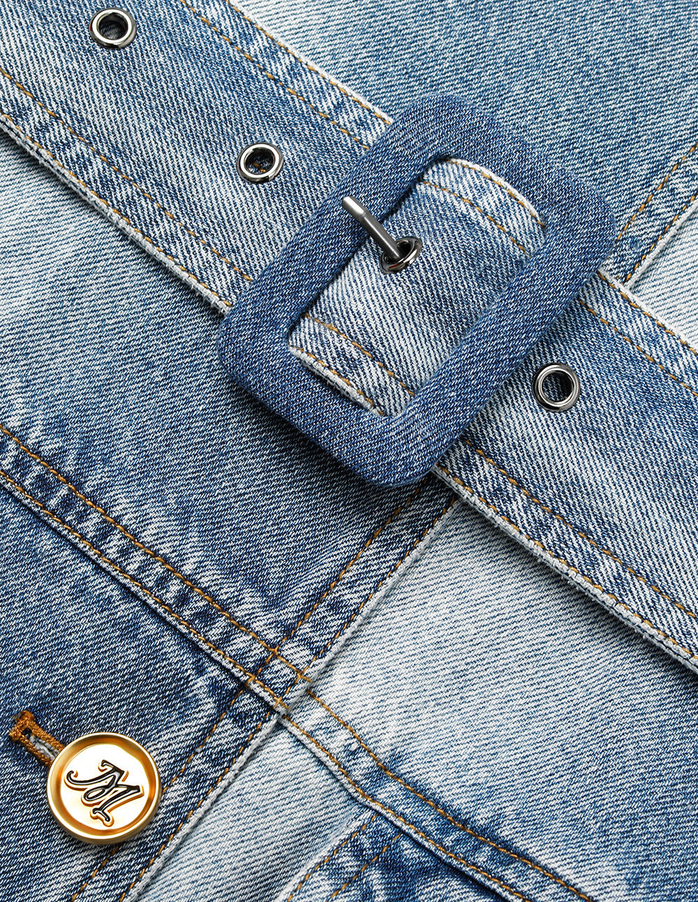 MARYLING Round Neck Long-Sleeve Double-Breasted Tie-Front Denim Dress