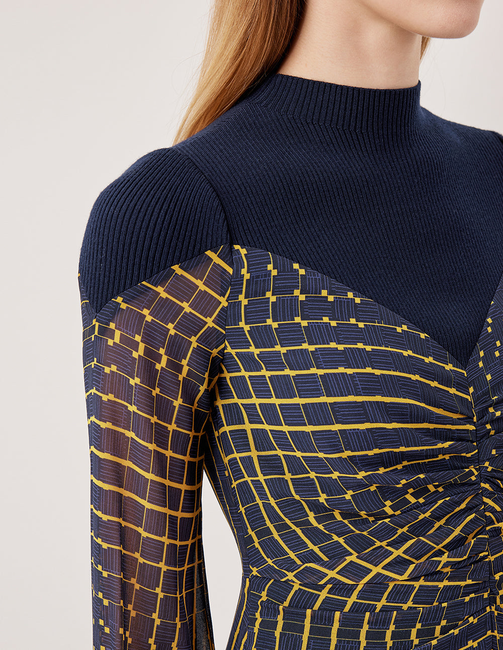 MARYLING Round Neck Knit Patchwork Plaid Pleated Midi Dress