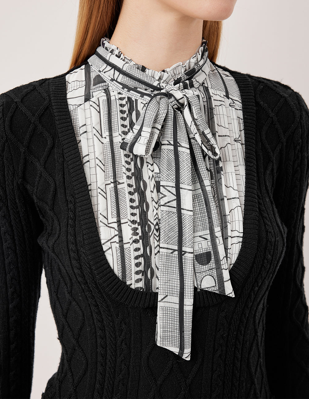 MARYLING Stand Collar Tie-Front Print Knit Midi Dress