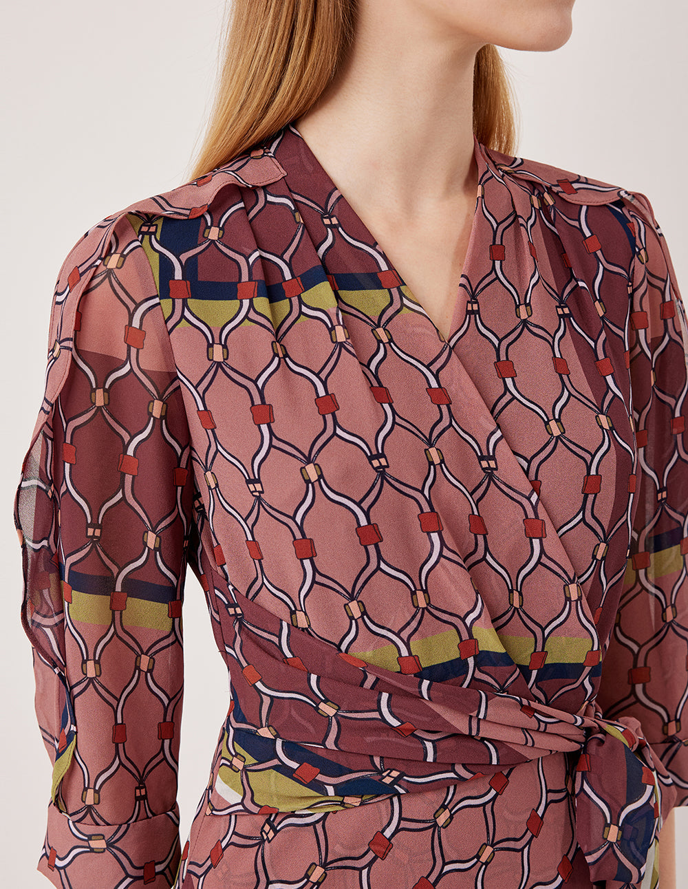 MARYLING V-Neck 3/4 Sleeve Wrap Midi Dress with Geometric Print