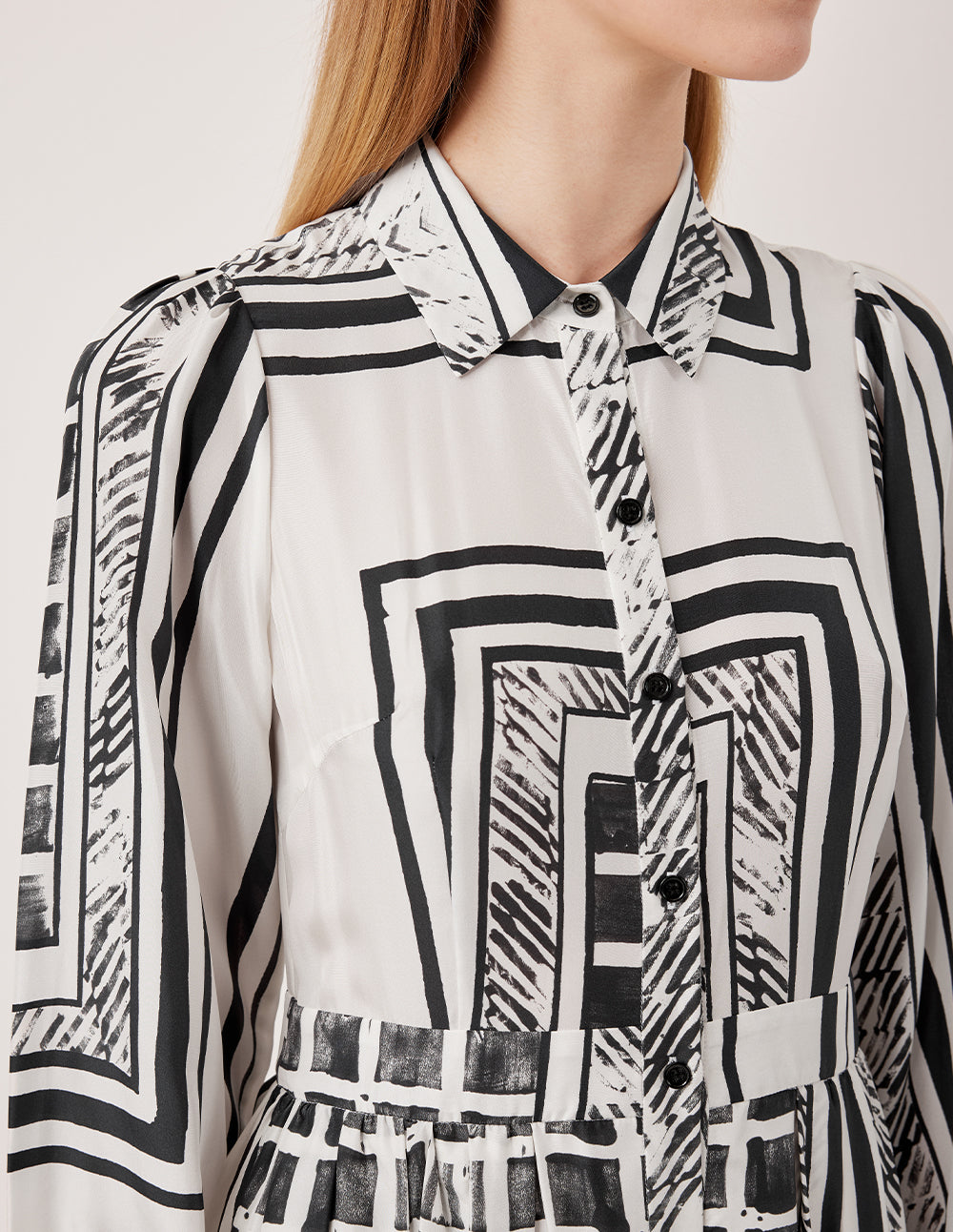 MARYLING Bubble Long Sleeve Black & White Printed Midi Shirt Dress