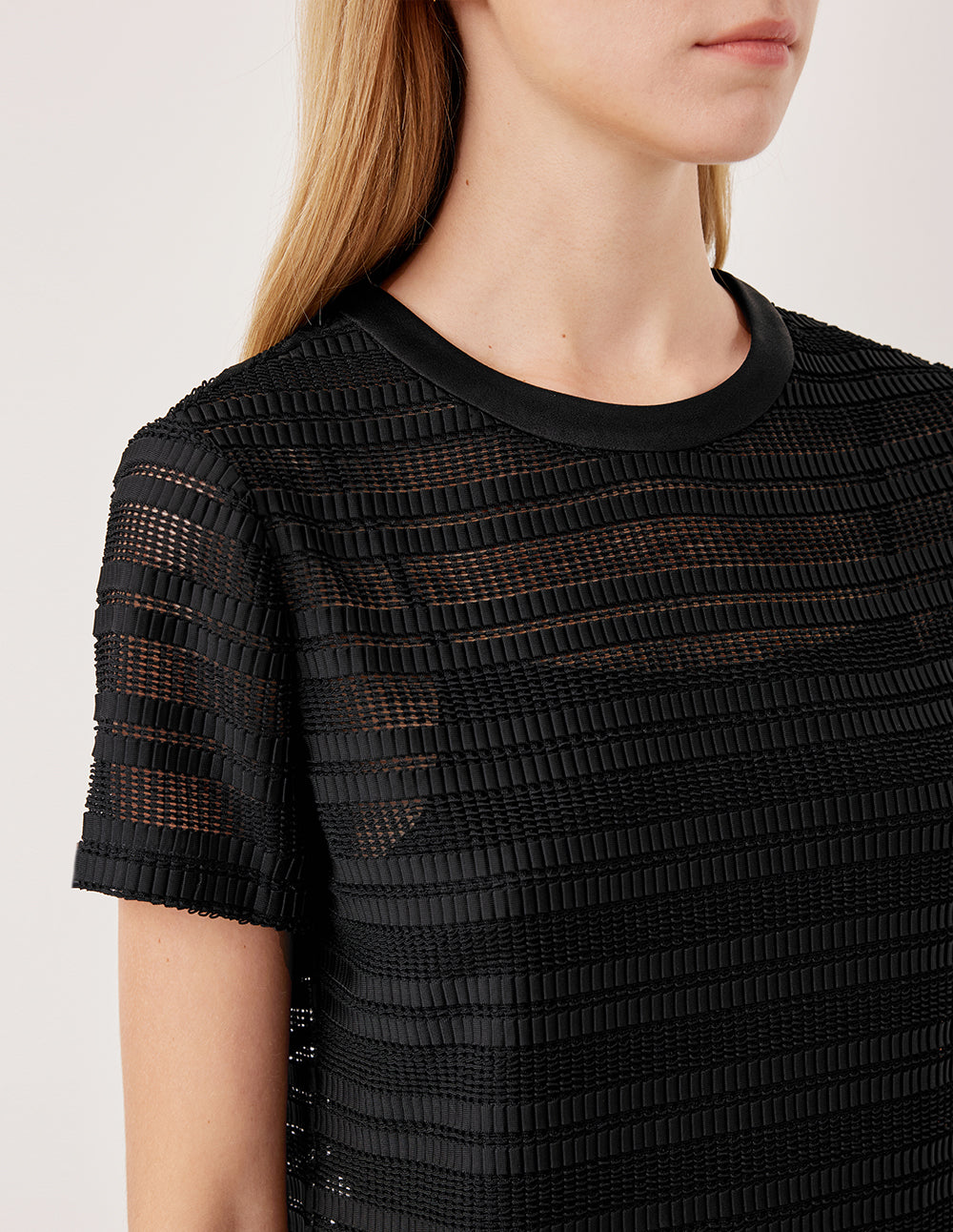 MARYLING Round Neck Short Sleeve Hollow Black Knit Top