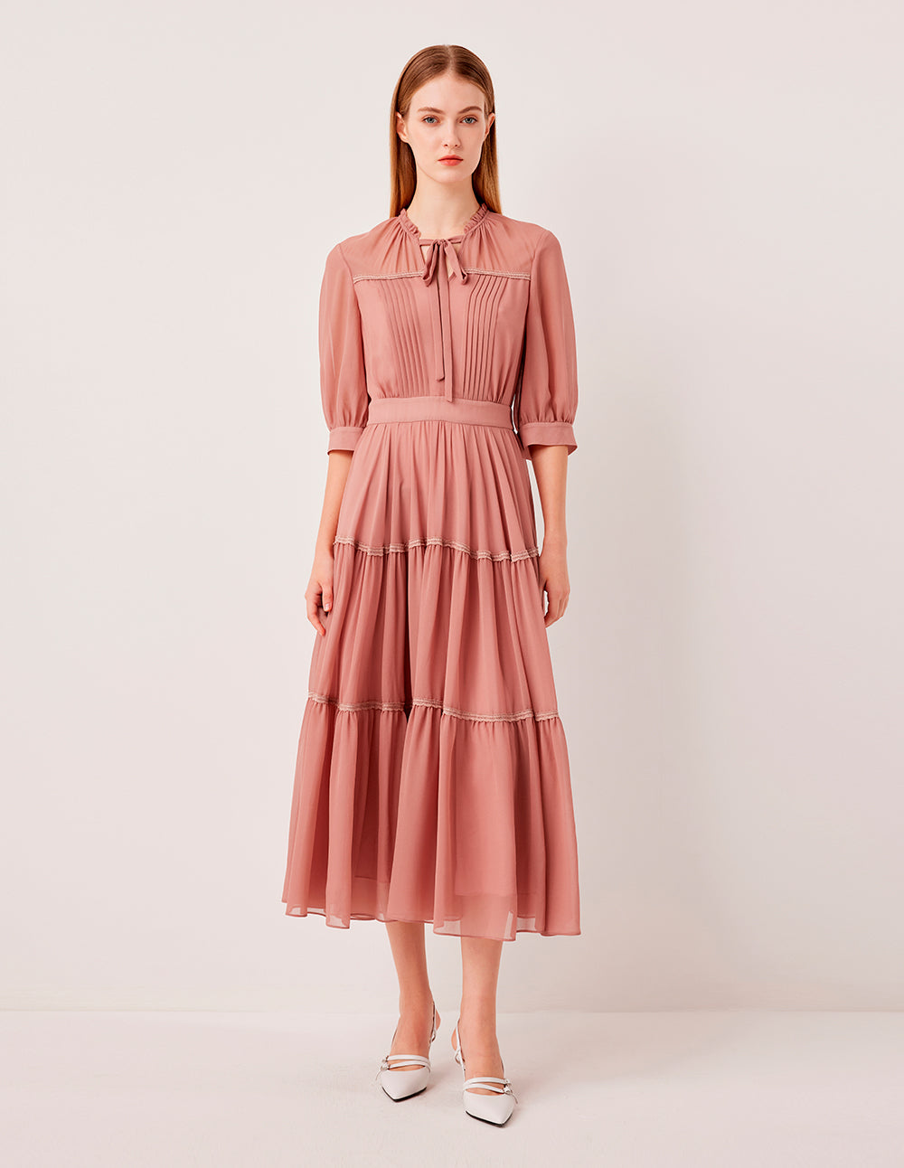 MARYLING Ruffled V-Neck Short-Sleeve Empire-Waist  Geometric Print Pleated Midi Dress